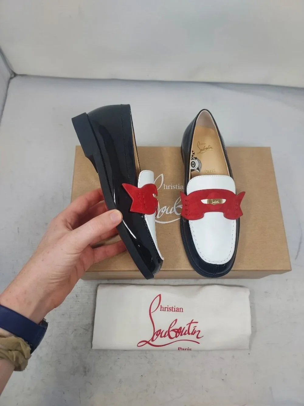 Christian Louboutin Boys Black White Red Penny Loafer